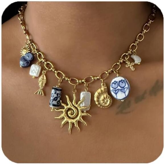 Gold Plated Charm Necklace | Heart, Pearl, Pepper & Conch Ceramic Pendant Choker - Picture 1 of 4